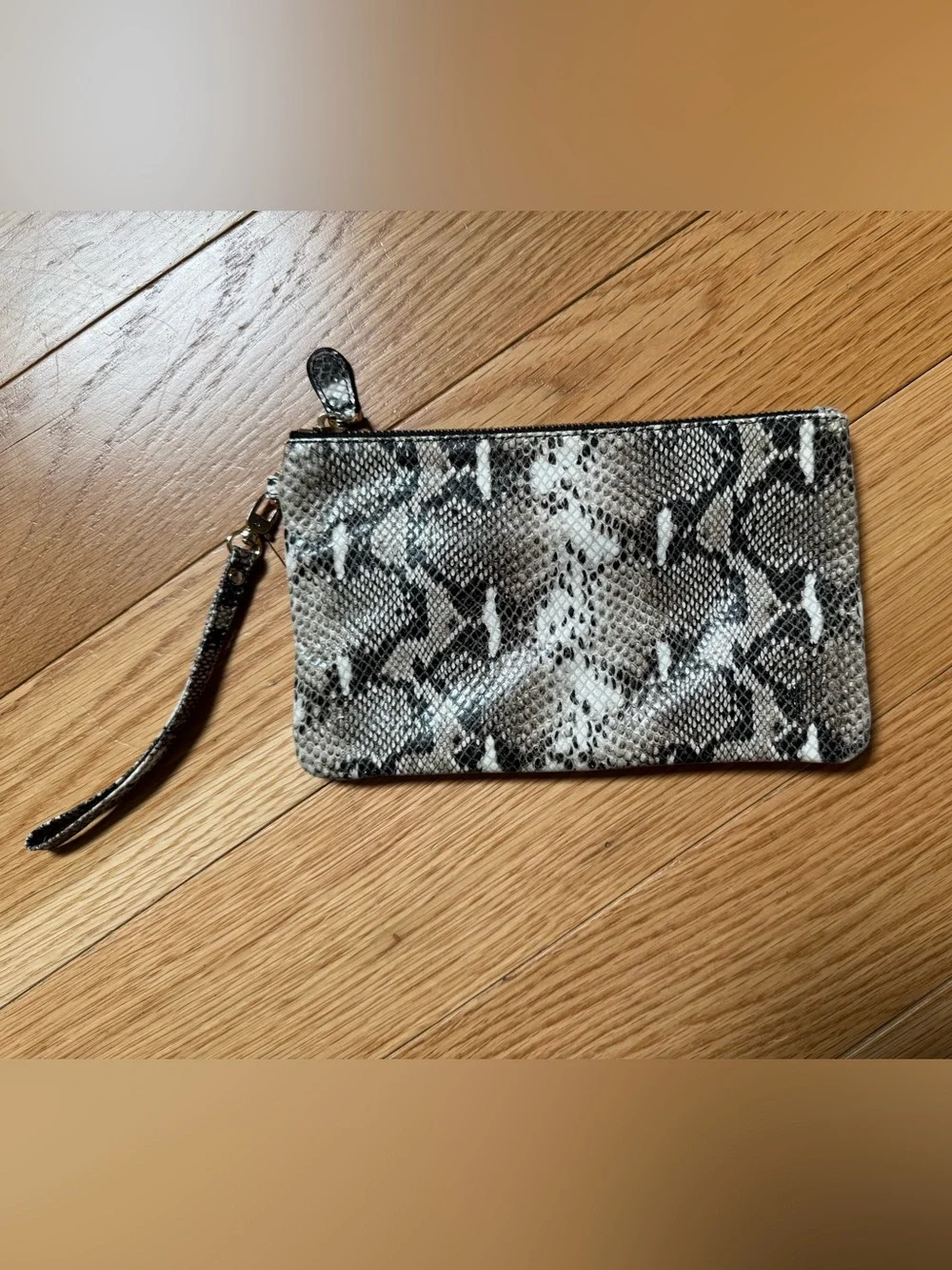 Vegan Snakeskin Print Zip Wristlet Wallet Taupe Brown Ivory